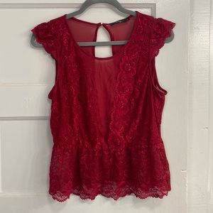 BKE boutique dark red lace top with keyhole back